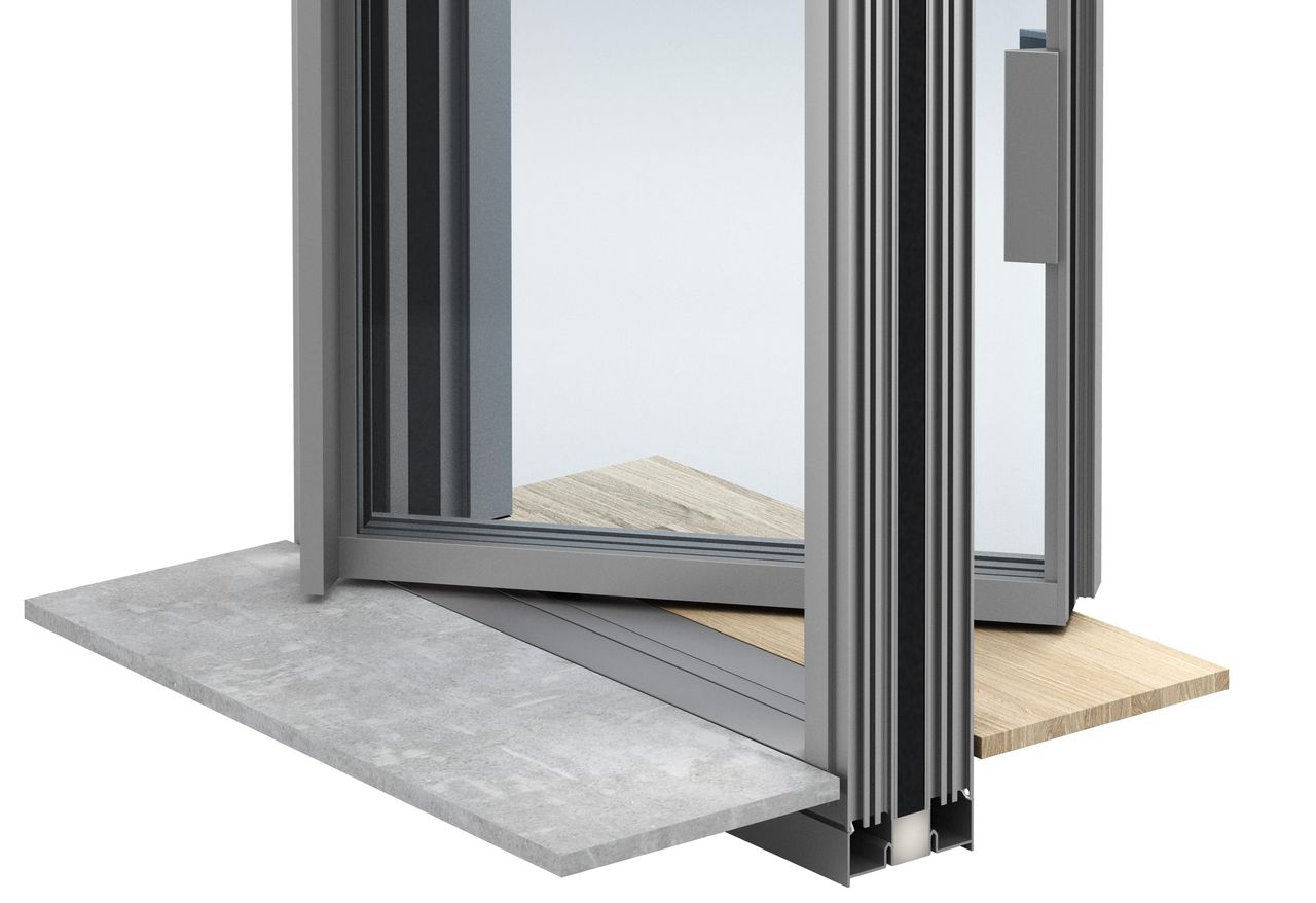 Cutaway rendering of the Sky-Frame Pivot frame in triple glazing, the sill set between stone outside and timber flooring inside